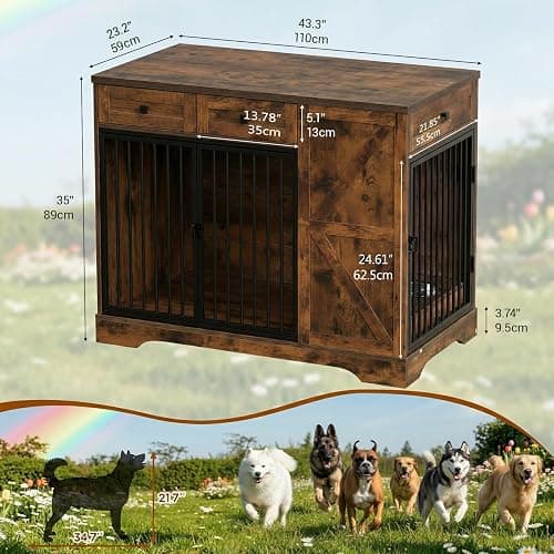 Large Dog Crate Furniture with Storage, Indoor Dog Kennel with 3 Drawers & 2 Feeding Bowls, Furniture Style Wooden Dog Crates for Large/Medium Dogs thumbnail 2