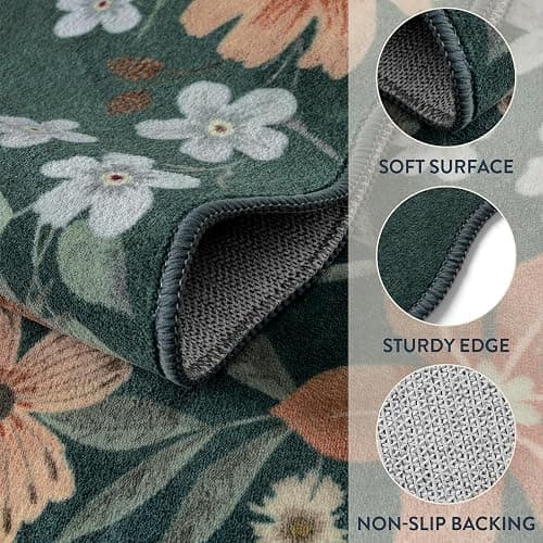 Lahome Floral Green Rugs for Entryway, 2X3 Washable Kitchen Rugs Non Slip Soft Rug, Ultra-Thin Indoor Door Mat Boho Small Throw Carpet for Bathroom Bedroom Flore (2x3ft, Dark Green) thumbnail 7