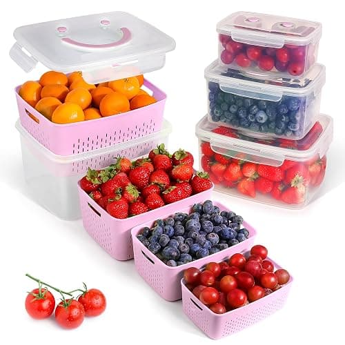 Built-Way Fruit Storage Containers for Fridge - Set of 4 - Airtight Lid Keeps Fresh - For Fruit & Vegetable Storage - Space-Saving Design - Ideal for Produce, Berries, Snacks - Pink - Image 1