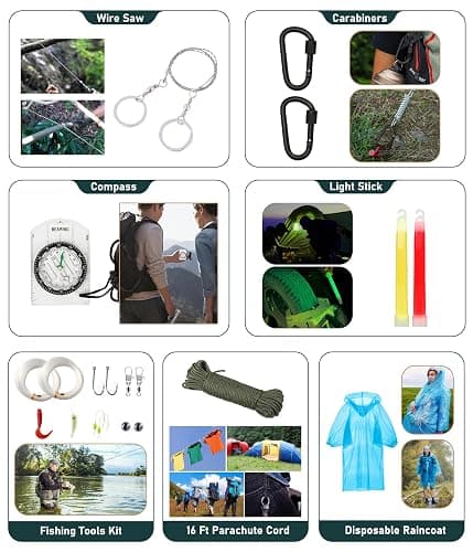 Survival Kit, 262Pcs Survival Gear and Supplies with First Aid Kit Pouch and Crossbody Bag, Emergency Kit with Tent, Camping Axe Hammer, Survival Shovel w/Pick, Bug Out Bag Gifts for Men Women thumbnail 8
