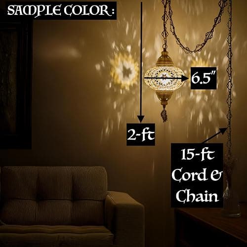 DEMMEX Plug-in Turkish Moroccan Mosaic Hanging Pendant Ceiling Light – Swag Lamp Fixture with 15ft Cord & Chain, Handcrafted Glass, Vintage Tiffany Style, Mediterranean Exotic Decor, Amber Brown | Handcrafted Glass, Mosaic, Exotic Decor, 15ft Cord & Chain, Plug-in thumbnail 4