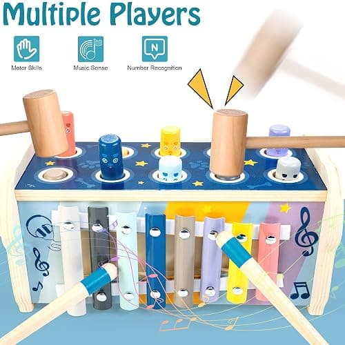 KIDWILL Montessori Pounding Toy for 1 2 Year Olds Wooden Hammering & Activity Board with Xylophone, Number Maze, Pounding Bench Educational Toddler Gift Toys Age 1-3 thumbnail 5