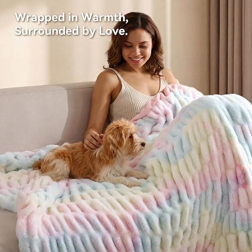 Smoofy Rainbow Throw Blanket for Couch – Luxury Faux Rabbit Fur Blanket, Ultra Soft Fluffy Plush Fuzzy, Lightweight Warm Cozy Blanket for Bed Sofa, Colorful Aesthetic Room Decor Gift for Women 50"x60" thumbnail 6
