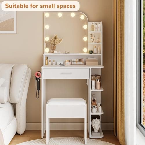 wanan Makeup Vanity with Chair, Small Vanity Desk with Mirror and Lights 3 Colors, Girls Vanity Set with Power Outlet, Compact Vanity Table for Small Space, White thumbnail 8