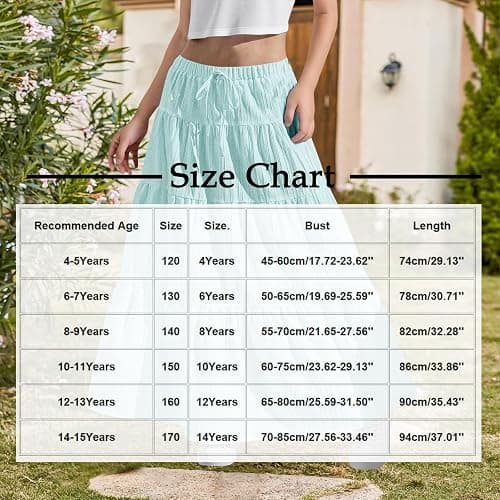 Girls Maxi Skirt Boho Casual Tiered High Waist A Line Flowy Long Skirt Kids Summer Swing Ankle Length Drawstring Skirts thumbnail 4
