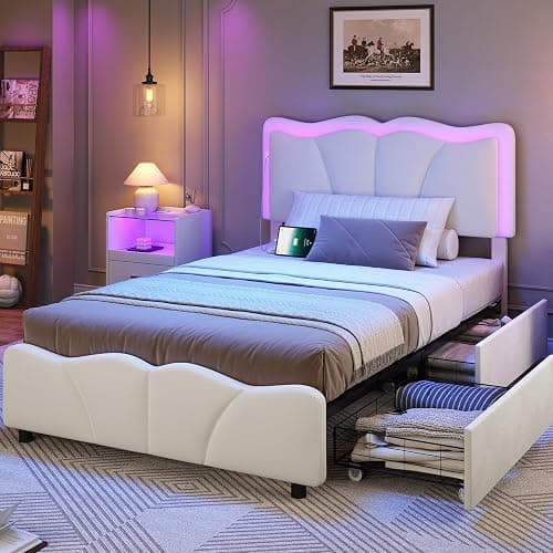 MSmask Twin Bed Frames with 4 Storage Drawers and LED Lights, Velvet Upholstered Platform Bed Frame with Height Adjustable Headboard, LED Bed Frame with Type C & USB, No Box Spring Needed, White thumbnail 6