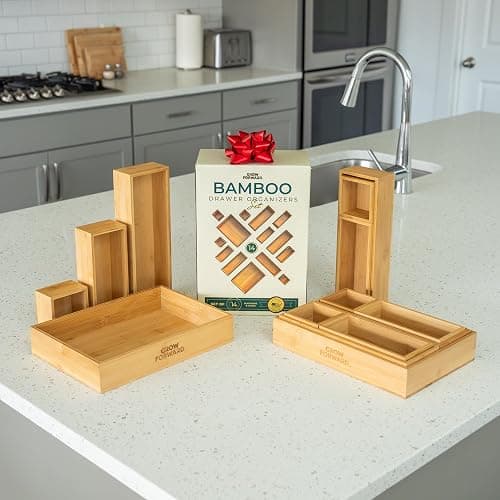 Grow Forward Bamboo Drawer Organizer Boxes - Set of 14 Wooden Drawer Organizers for Kitchen, Bathroom, Office, Desk, Vanity, Makeup - Non-Slip Junk Drawer Organizer Trays for Storage and Organization thumbnail 2