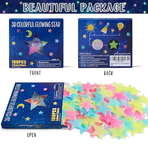 AM AMAONM 100 Pcs Colorful Glow in The Dark Luminous Stars Fluorescent Noctilucent Plastic Wall Stickers Murals Decals for Home Art Decor Ceiling Wall Decorate Kids Babys Bedroom Room Decorations thumbnail 3