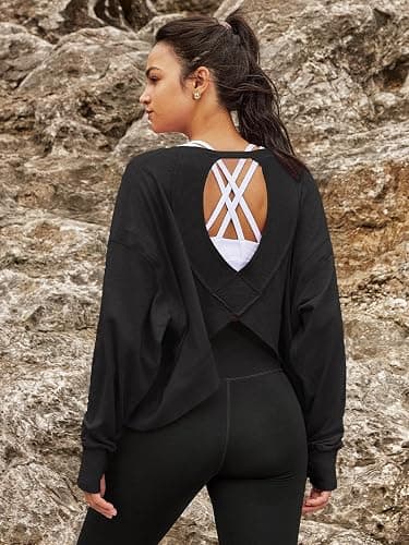 Panadila Womens Open Back Workout Top Long Sleeve Athletic Shirts Casual Crop Running Tee Y2k Yoga thumbnail 3