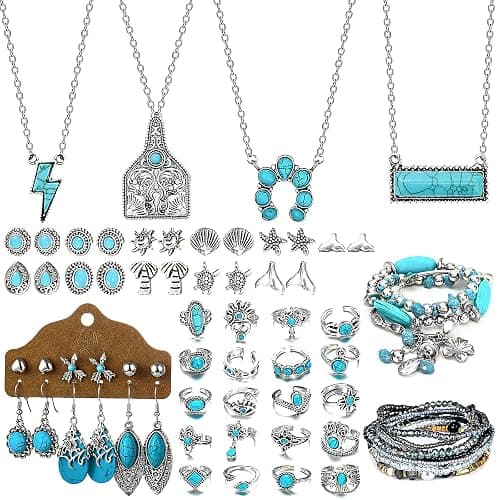 NEWITIN 20 Pieces Silver Bohemian Jewelry Set for Women Fashion Costume Jewels Turquoise Necklace Bracelet Ring Earrings Western Turquoise Jewelry Set for Women - Image 1
