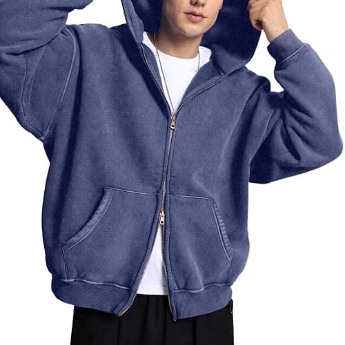 FAIABLE Mens Womens Double Zip Up Hoodie Oversized Acid Wash Hoodie Heavyweight Fleece Cotton Zipper Sweatshirt Vintage thumbnail 3