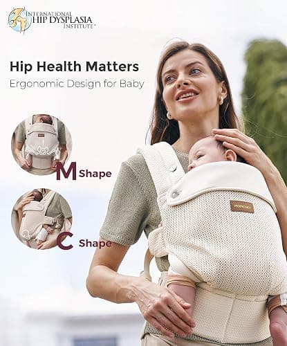 Momcozy PureHug Baby Carrier - Ergonomic, Cozy and Lightweight for 7-45 lbs | Easy to Put On, IHDI Hip-Healthy, 3D EVA Lumbar Support, X-Straps for Even Weight Distribution, Air Mesh Cooling, Almond thumbnail 4