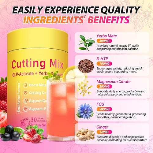Yooloks Cutting Drink Mix – GLP-1 Drink Mix with 5-HTP, Yerba Mate & Magnesium, FOS | Supports Satiety Signaling, Energy & Gut Health | Strawberry Açaí Flavor – 30 Servings thumbnail 5