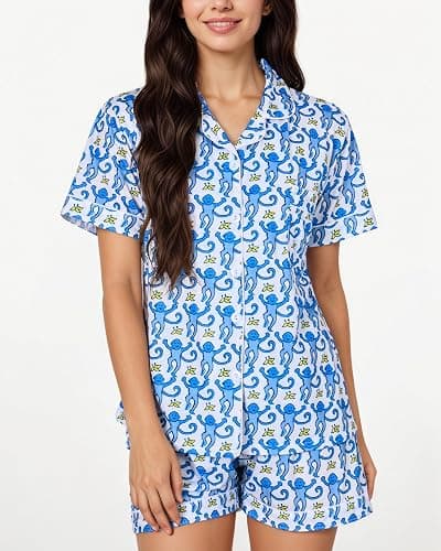 Zuafy Women's Pajamas Set Button Down Ladies Summer Pajamas Monkey Printed Sleepwear Short Sleeve 2 Pc Pjs for Birthday Gift thumbnail 2