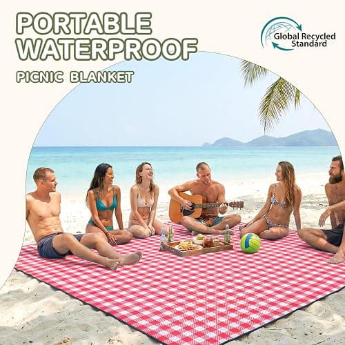 Genovega Waterproof Picnic Blanket Beach Outdoor Camping Mat Rug Extra Large Foldable Cute Big Travel Essential Accessories Gift Park Patio Lawn Garden Grass Ground Music Festival Must Have Checkered thumbnail 3