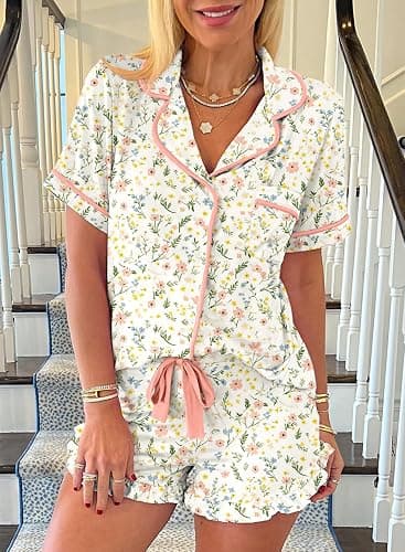 KevaMolly Womens Christmas Lounge Sets Candy Cane Print Pocketed Knotted PJ Set Short Sleeve Xmas Top and Shorts thumbnail 2