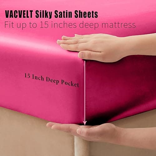 VACVELT 3pcs Hot Pink Satin Sheets Twin Size Bed Set, 15 Inch Deep Pocket Silky Satin Sheet Set, Soft Satin Bedding Set Cooling & Luxury Bed Sheets, 1 Fitted Sheet + 1 Flat Sheet + 1 Pillowcase thumbnail 4