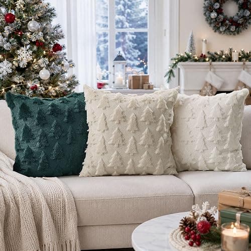 DFXSZ Christmas Tree Pillow Covers 18x18 Set of 2 Christmas Decor Beige | Christmas Winter Decorations|Soft Plush Faux Fur Jacquard Throw Pillowcases| For Bedroom Sofa Festivals Home Decor thumbnail 2