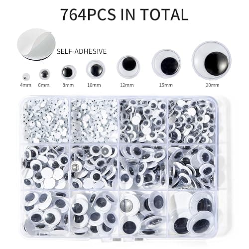 Bflaae 764pcs Black Wiggle Googly Eyes Self Adhesive, 4mm 6mm 8mm 10mm 12mm 15mm 20mm Large and Small Googly Eyes for Crafts thumbnail 2