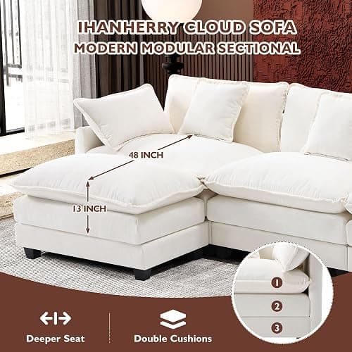 Ihanherry 111.4" L Shaped Modern Sofa Modular Sectional Cloud Couch with Ottoman, 4-Seat Chenille Deep Seat Sofa with Pillow for Living Room, Bedroom and Apartment, Beige thumbnail 2