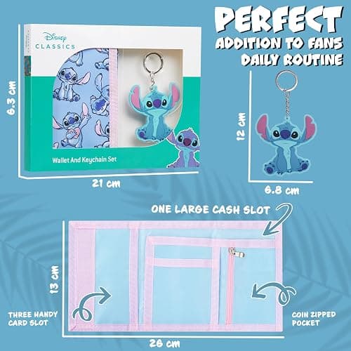 Disney Stitch Kids Wallet and Keyring Gift Set Cute Trifold Wallet with Coin Purse Card Slots and Keychain Stitch Gifts (Blue Stitch) thumbnail 2