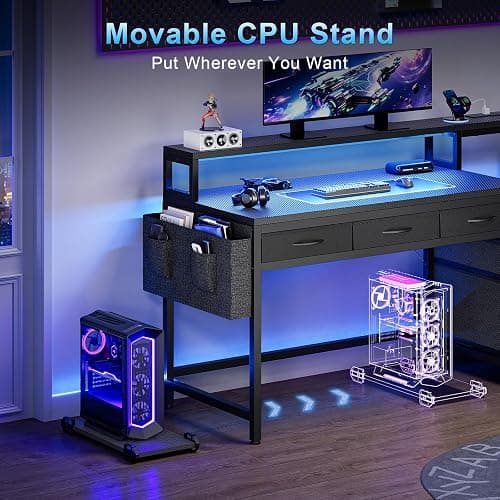 REAHOME 61 Inch Gaming Desk with Charging Station and LED Lights, Reversible Computer Desk with Storage Drawer and Monitor Stand, Modern Desk Table with File Cabinet & Side Pocket, Carbon Fiber Black thumbnail 7