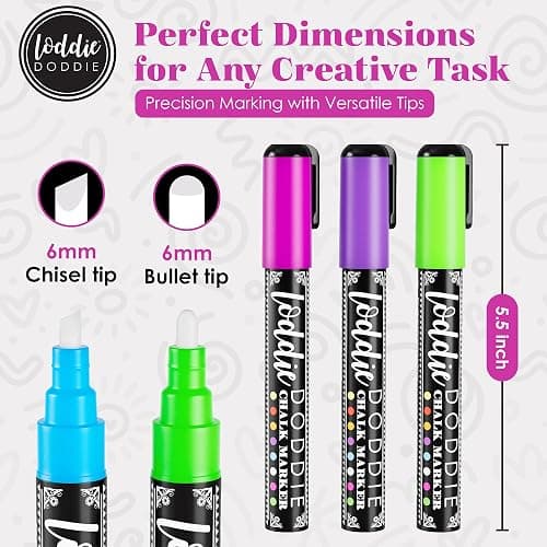 Loddie Doddie Chalk Markers - 24-Pack, 6mm Reversible Tips - Colored Chalk Pens for Art & Decor - Window Markers for Glass & Metal - Dry Erase Pens for Mirrors & More thumbnail 5