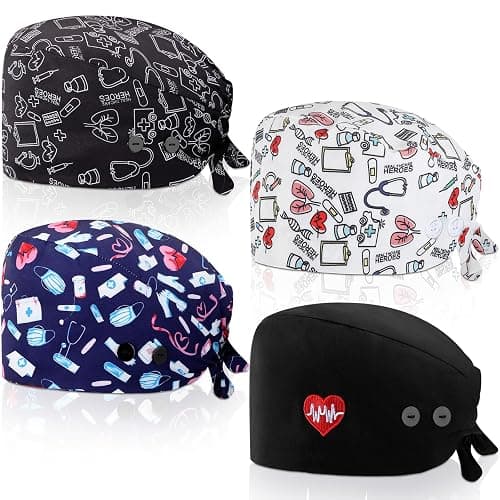 Unittype 4 Pcs Nurse Caps for Women Nursing Working Caps with Button and Sweatband Adjustable Elastic Scrub Hats for Dentist - Image 1