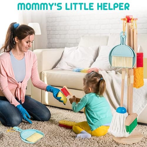 HELLOWOOD Kids Cleaning Set, 8 Pcs Wooden Housekeeping Play Set Includes Broom Mop Duster Dustpan Brushes Rag and Organizing Stand, Cleaning Toys Gift for Toddlers Girls Boys Age 3-6, Solid Beech Wood thumbnail 6