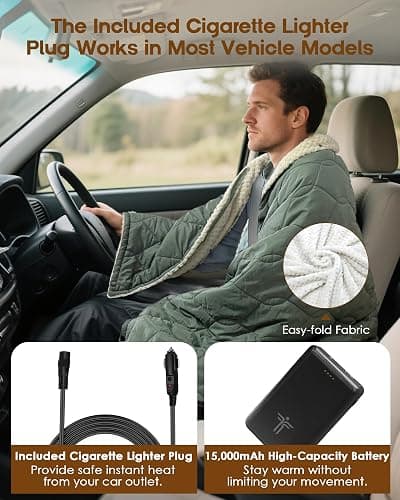 tomilk Heated Blanket Battery Operated with Hood for Camping, 12V Cordless Heating Blanket with 15000mAh Battery, Electric Blanket Throw Shawl (Green) thumbnail 4
