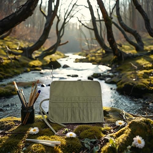 JOYISEN 22 Slots Paint Brush Storage for Acrylic Oil Watercolor Brush Roll up Case Army Green Canvas Paint Brush Holder (13 * 15.7IN) thumbnail 2