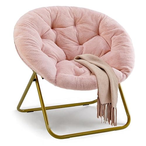 YSSOA Saucer Chair, Comfy Faux Fur Chair for Bedroom, Saucer Chairs for Adults, Teens, Round Shaped Moon Chair with Foldable Metal Frame, Pink - Image 1