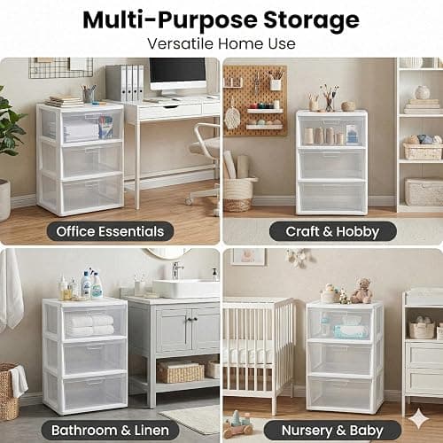 3 Drawer Storage Organizer, 3-Tier Wide Clear Plastic Drawer Storage - White, for Bathroom, Bedroom, Office, and Classroom Organization (White) thumbnail 6