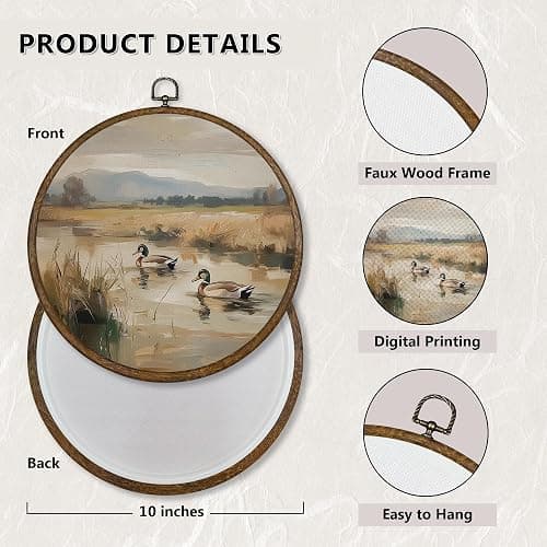 Qskjre Vintage Mallard Duck Wall Art Decor, Nursery Cottagecore Duck Pond Hunting Round Wood Framed Canvas Picture Wall Art, Rustic Bird Hunter Hanging Prints for Woodland Room Decorations 10"x10" thumbnail 7