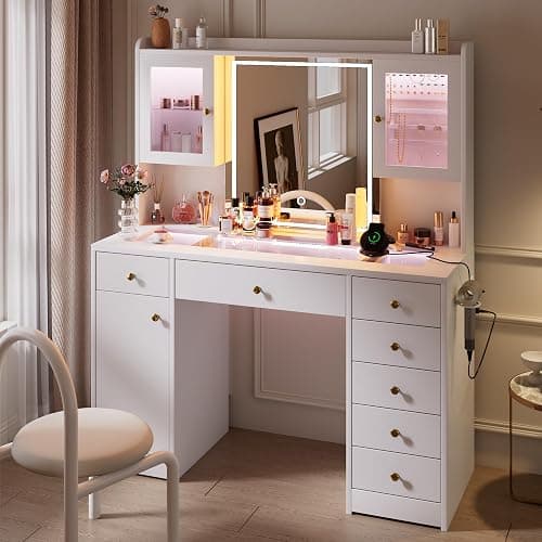 iPormis Vanity Desk with Mirror and Lights, Glass Top Makeup Vanity with RGB Light and Power Outlet, Dressing Table Mirror with 3 Lighting Colors, 7 Drawers, 3 Cabinets, White Vanity for Bedroom thumbnail 8