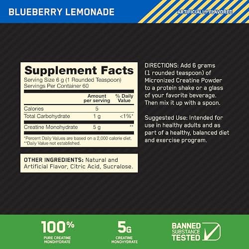 Optimum Nutrition Micronized Creatine Monohydrate Powder, Blueberry Lemonade Creatine, 60 Servings, 360 Grams (Packaging May Vary) thumbnail 3