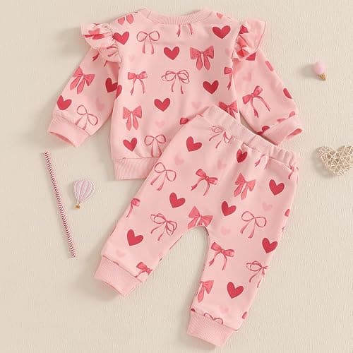 FYBITBO Toddler Baby Girl Valentines Day Outfit Heart Embroidery Long Sleeve Ruffle Sweatshirt Pants Set 2Pcs Spring Clothes thumbnail 6