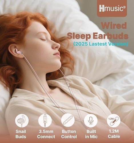 Hmusic Sleep Headphones,3.5mm Wired Sleeping Earbuds,30dB Noise Isolate Sleep Plugs,2g Lightweight, Ultra-Soft Silicone,Snail Flat Thin Bed Earphones for Air Travel,Work,Audio Book,Meditation thumbnail 2