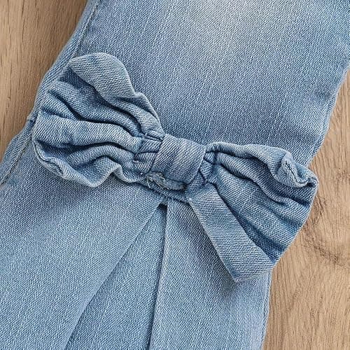 Asbabiy Girl's 2 piece outfit Rib Knit long sleeve top Sweater and Bow Front Flared Leg Jeans Pants Set for 7-13 Years thumbnail 5