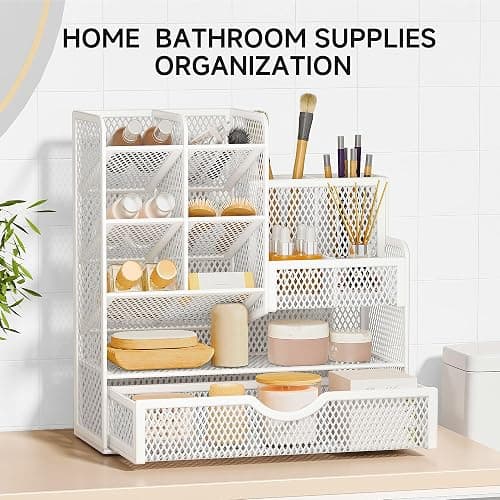 VITVITI Sturdy Mesh Desk Organiser for Office Accessories, Desk Organiser for Stationery Supplies, Make Up Brush, Art storage, 5 Tier Metal Stackable Storage drawers - White thumbnail 5