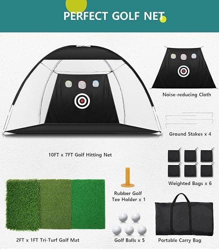 Golf Net: 10x7FT Golf Practice Net for Backyard Driving, Hitting Net with Tri-Turf Mat, Indoor Training Chipping Aid Nets with Reduce Noise Nylon Target, Gifts for Men/Dad/Him thumbnail 7