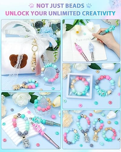 124PCS FIVEIZERO Silicone Focal Beads for Keychain Making, Animal Bear, 15mm Round 12mm Lentil & 10mm Rhinestone Beads for Pens, Bracelets & Crafts with Elastic Cord & Scissors thumbnail 6