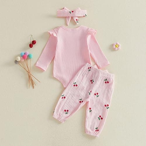 Suolongsama Newborn Baby Girl Clothes 3 6 12 18 Months Knit Long Sleeve Bubble Romper Cherry Printed Pants Headband Spring thumbnail 5