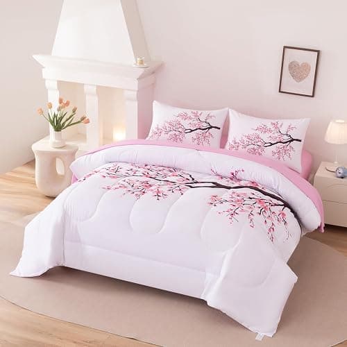 Suncloris Red Cherry Blossom Comforter Set Queen, 5pc Sakura Floral Bedding Set, Includes Lightweight Quilt, 2 Pillowcases, Flat & Fitted Sheet, Microfiber Bedding for Girls Teens (Red (5pcs), Queen) thumbnail 2