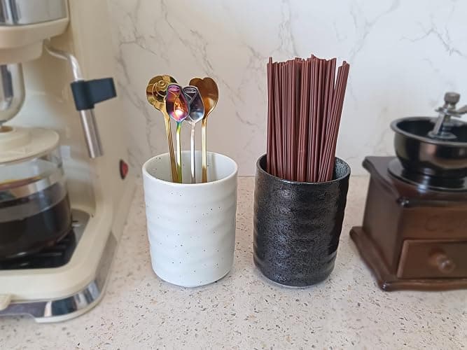 TOPYOKK Stoneware Coffee Bar Utensil Holder Tea & Coffee Spoon & Stirrer Holder for Stir Stick Straw Teaspoon Holder Spoon Cup Small Utensil Jar (White) thumbnail 2
