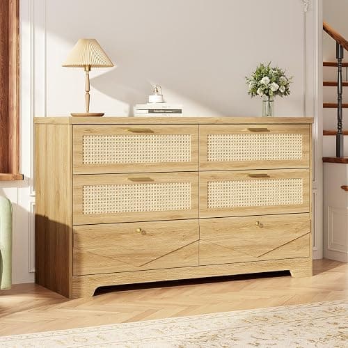 IBF Rattan Dresser for Bedroom, Wood Boho 6 Drawer Dressers, Large Dresser Chest of Drawers for Closet, Wide Clothes Storage Organizer with Deep Drawers for Living Room and Hallway, 51.2 Inch, Oak thumbnail 7