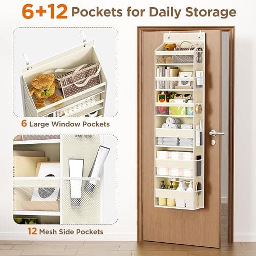 Mefirt Over The Door Organizer, 6 Shelf Door Hanging Organizers with 6 Large Capacity Pockets, Behind Door Storage Hanging Shelves for Closet Wall Bathroom Bedroom Nursery thumbnail 4