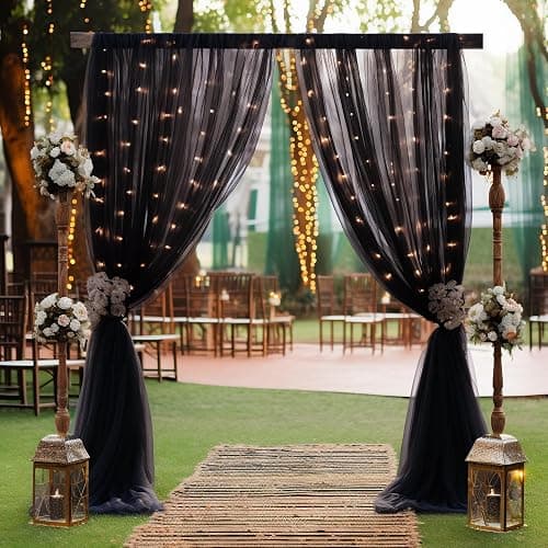 10×10ft Black Tulle Backdrop Curtain with Lights String for Parites, Sheer Photo Backdrop Curtains for Wedding Party Photography Background thumbnail 5