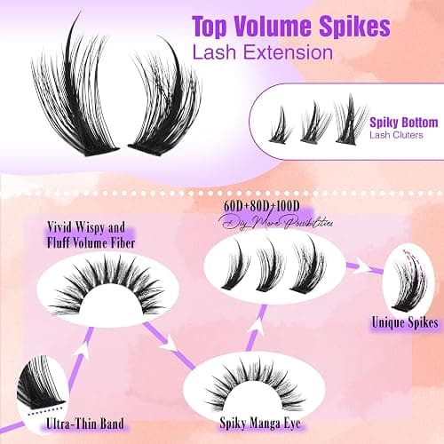 Volume Lash Clusters Spikes Cluster Eyelash Extensions 60D 80D 100D Thick Spiky Individuals Lashes 5-19mm Mega Wispy Eyelash Extension Fluff DIY D Curly Lash Extension with Bottom Lashes 296Pcs thumbnail 4