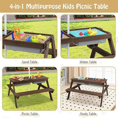 HONEY JOY Kids Picnic Table, 4 in 1 Cedar Wooden Sand & Water Table w/ 3 Removable Box & Umbrella, Kids Picnic Tables for Outdoors Backyard Garden, Toddler Patio Furniture Set for Boys Girls(Walnut) thumbnail 4
